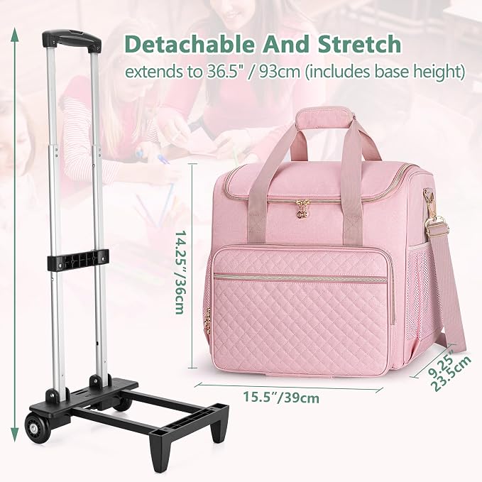 LUXJA Rolling Teacher Bag with Laptop Compartment and Detachable Dolly, Multifunctional Rolling Teacher Tote Bag (Patent Pending), Pink