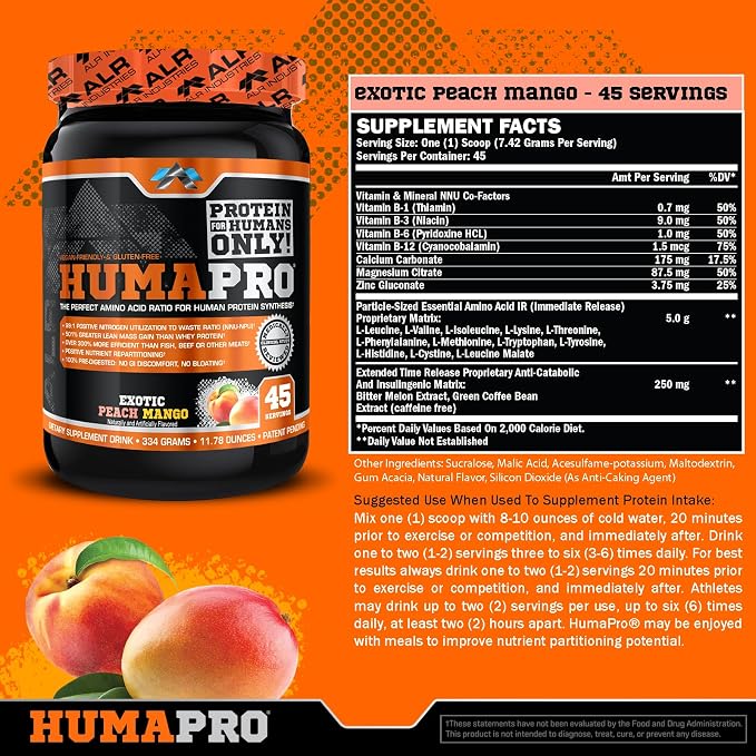 ALR Industries HumaPro Essential Amino Acid Formula | EAA Protein Supplement | Supports Muscle Recovery & Performance | Vegan, Gluten Free | | 45 Servings (Exotic Peach Mango)