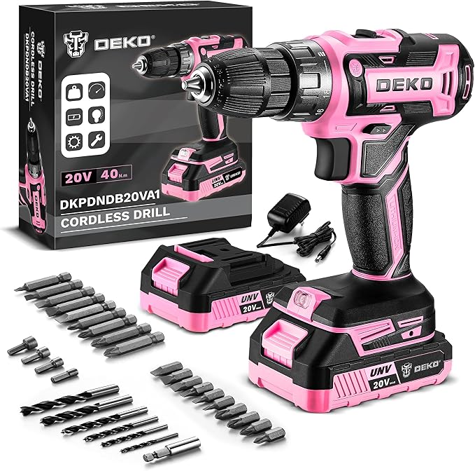 Power Drill Cordless: DEKOPRO 20V Electric Drills with 3/8-Inch Keyless Chuck, Variable Speed, Power Cordless Drill Set Tool with 2 Batteries, Charger&30 Accessories(Pink)