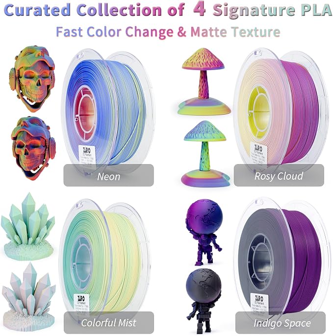 ZIRO Matte Tricolors PLA Filament Bundle, 4 Packs Magic Color Change by Angle Filament 1.75mm, Dimensional Accuracy +/-0.03mm, Fit Most FDM 3D Printer, 1KG x 4 Spool (no-Shine Surface)