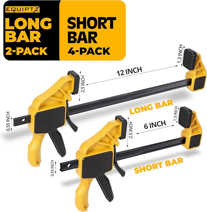 EQUIPTZ 6 Pack Bar Clamps for Woodworking – 2 Pcs 12" & 4 Pcs 6" Quick Grip Clamps Set with 150 lbs Force – Wood Clamps for Gluing, Carpentry, DIY, and Metalworking (Combo Sizes, 6 Pack)