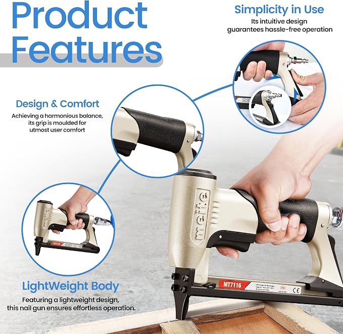 meite MT7116 Pneumatic Staple Gun, 22 Gauge 71 Series 3/8-Inch Crown 1/4-Inch to 5/8-Inch Length Air Upholstery Stapler Gun