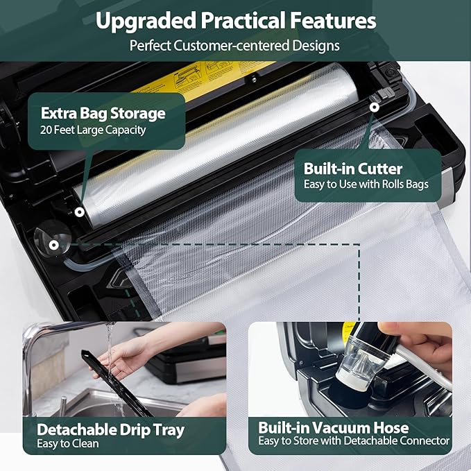 95kPa Vacuum Sealer Machine with AquaLock Technology, Dual-Pump Automatic Food Sealer for Dry & Moist Foods, Double Heat Seal, Built-in Cutter, Bag Storage & Accessory Hose,2 Bag Rolls,Stainless Steel