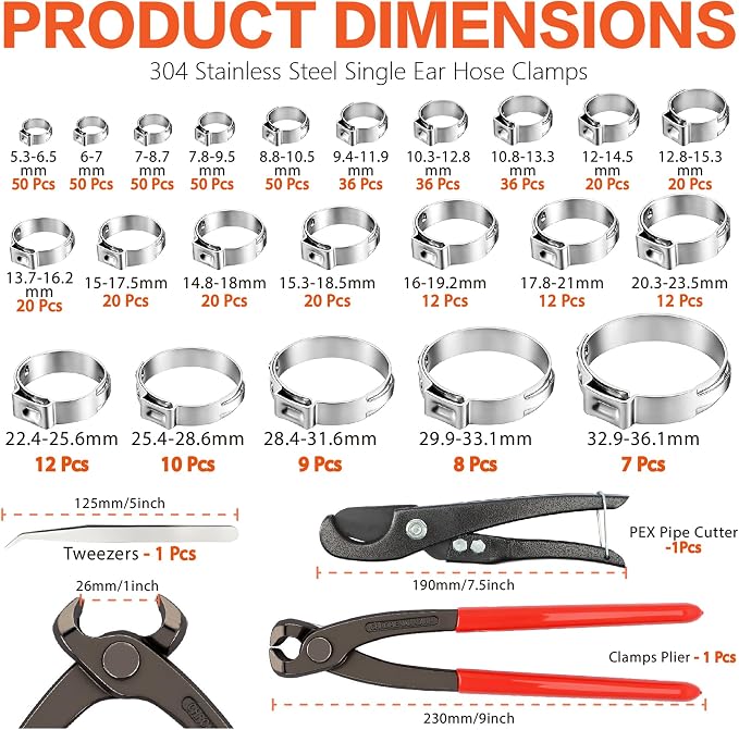 560PCS 22-Sizes Stepless Single Ear Hose Clamp Kit with Pliers, 5.3-36.1mm (~1/4"-1-3/8") 304 Stainless Steel Leak-Proof Clamps, for Automotive Fuel Line, CV Boot, PEX Pipe, HVAC & Marine