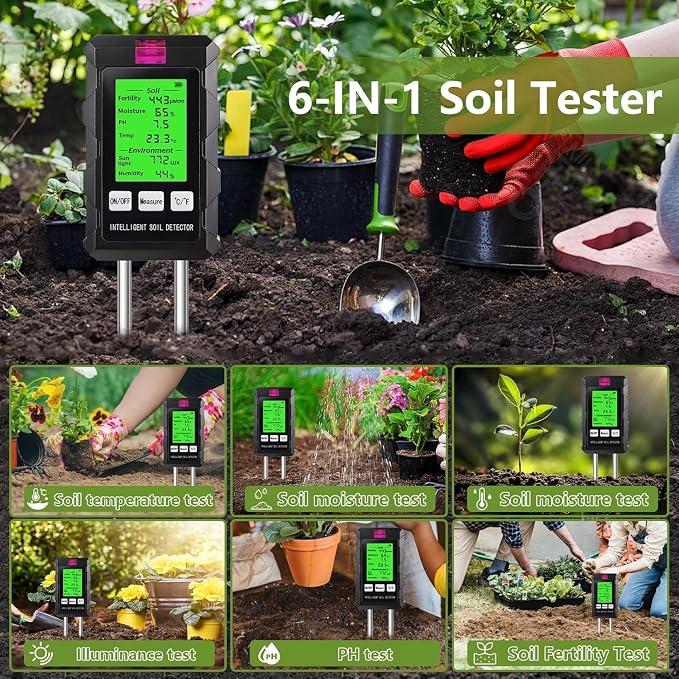 LDOPTO 6-in-1 Soil Moisture Meter, Soil Test kit with Moisture/pH/Temperature/Sunlight/Air Humidity/Fertility, Soil Tester for Farming, Gardening and Outdoor Plants (2*AAA Battery Needed)