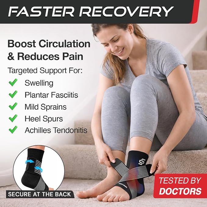 Sleeve Stars Ankle Brace for Women & Men, Ankle Wrap for Sprained Ankle, Compression Sleeve for Plantar Fasciitis Relief, Easy Customizable Support: w/Removable Strap (Pair/S:9"-10"/Black)