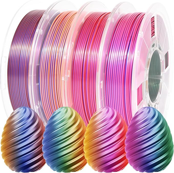 RAMBERY Tricolor PLA 3D Printer Filament Bundle 1.75mm, 250g x 4 Spools | Silk PLA, Shiny Multicolor, Triple Color Change by Angle, Toughness Upgraded