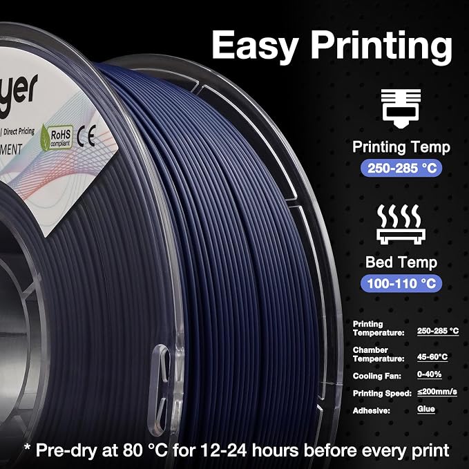 YXPOLYER Nylon Filament PA6 Blue Easy PA 3D Printing Filament 1.75mm 1kg | Easy to Print, AMS Compatible Spool, Engineering-grade, Low Warp, FDM Printers, Pre-dried, High Speed Low Temp Printing