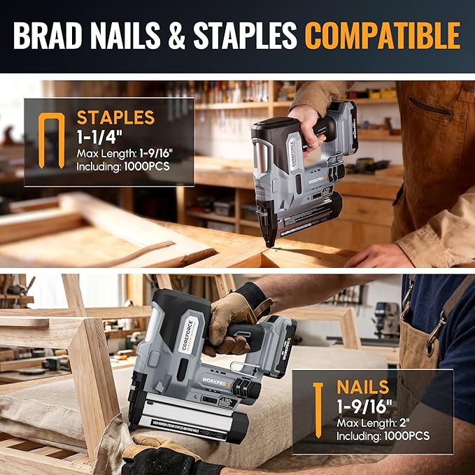 WORKPROX 20V Cordless Brad Nailer Kit, 18 Gauge 2-in-1 Nail & Staple Gun with 2.0Ah Rechargeable Battery, 1000 Staples & 1000 Nails, for Woodworking, Upholstery, DIY Projects & Home Improvement