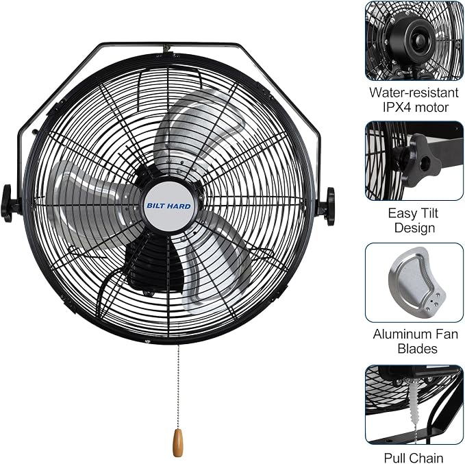 BILT HARD 3000 CFM 14 in. Outdoor Wall Mount Fan, 3-Speed Waterproof Wall Fan Industrial Grade High Velocity Outdoor Fans for Patio, Commercial, Garage, and Gazebo Use- ETL Listed, 2 Pack