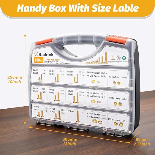 Kadrick 820Pcs Grade 8.8 Metric Bolt Assortment, M6 M8 M10 Hex Heavy Duty Bolts and Nuts Kit,M6 x1.0 M8 x1.25 M10-1.5 (12mm to 45mm),Yellow Zinc Plated