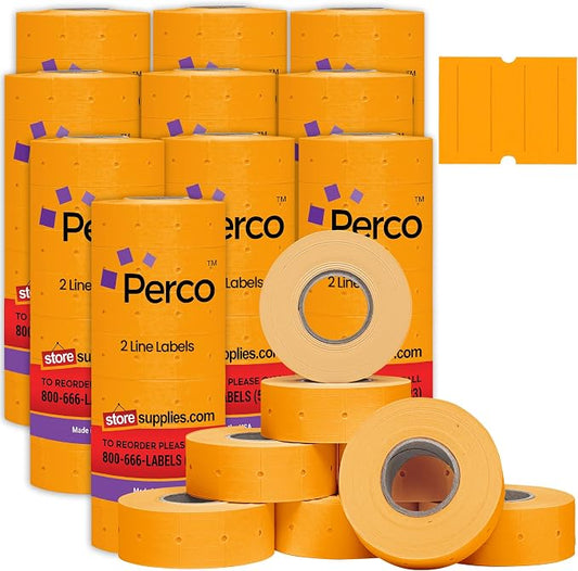 Perco 2 Line Fluorescent Orange Labels - 60,000 Blank Price and Date Gun Labels for Perco 2 Line Price and Date Guns - 80 Rolls, 10 Sleeves - Made in USA