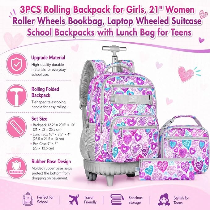 3Pcs Rolling Backpack for Girls Women, Travel Roller Backpacks with Wheels for Adults, Teens College Love Wheeled Bookbag with Lunch Box(Ash Powder)