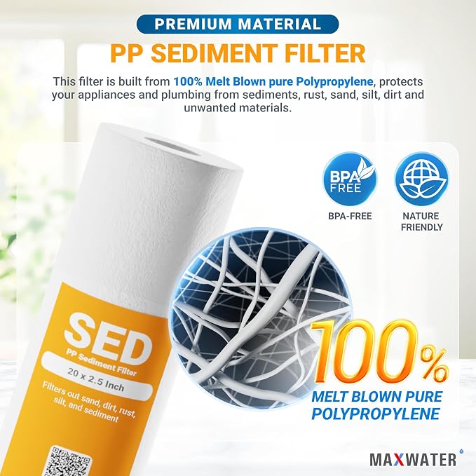 Max Water Slim Blue 5 Micron 20 inch x 2.5 inch Whole House Melt-Blown Polypropylene Sediment Water Filter Replacement Cartridge (Pack of 2)
