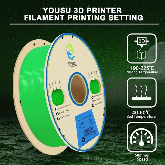 YOUSU Glow in The Dark Light Green PLA Filament 1.75mm, Luminous PLA 3D Printer Filament, Dimensional Accuracy +/- 0.03mm, 1kg(2.2lbs) Spool, Fit for Most 3D Printer