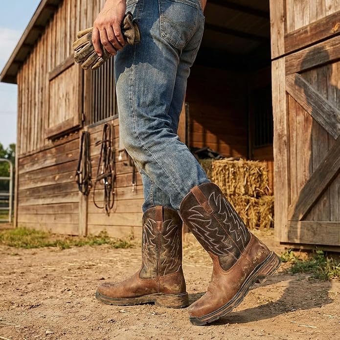 ANGRYRAM Cowboy Work Boots for Men Square Toe Leather Western Boot Slip Resistant Indestructable Steel Toe Safety Boots for Men Work-Man Pro Series