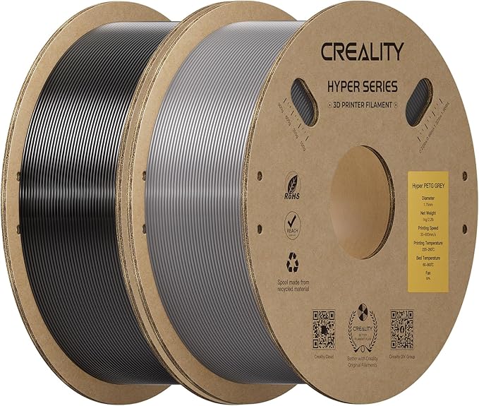 Creality Hyper PETG Filament 1.75mm Bundle 2KG, High-Speed PETG for 30–600mm/s Printing, Low Stringing, Strong Layer Adhesion, +/- 0.03mm Accuracy,Fits for Most FDM 3D Printers(Black&Grey)