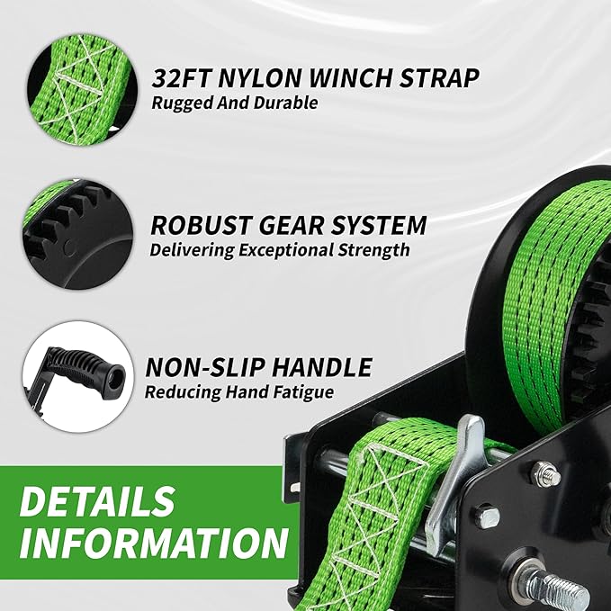 3200lbs Heavy Duty Boat Trailer Winch with 32FT Strap，2-Way Ratchet 4:1/8:1 Gear Trailer Winch，Portable Hand Crank Winch for Boat, Truck, Trailer, RV, ATV, Jet Ski