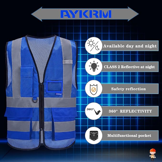 A-SAFETY Hi-Vis Mesh Vest with Reinforced Stress Points, Zipper, Blue, 2XL | Blue 2XL breathable mesh vest with transparent ID pocket, radio mic loop and reflective strips for equipment maintenance.