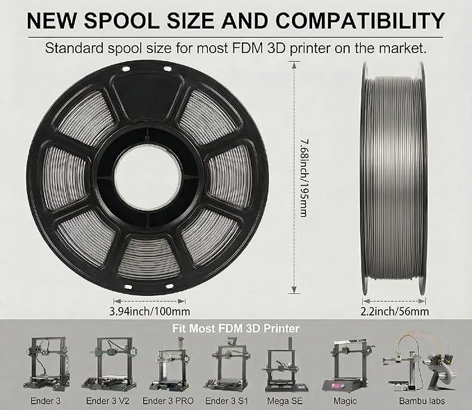 PETG Filament 1.75mm for 3D Printer, Metal-Like Consumable 1kg (2.2lbs) 1 Spool, Chrome Metallic Finish PETG High Speed 3D Printer Filament, Dimensional Accuracy +/- 0.03 mm,Metallic Silver