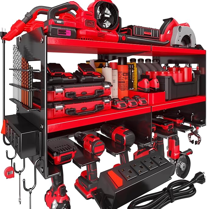 Spampur Fathers Day Gift – Power Tool Organizer Wall Mount with Charging Station, 420 lb Capacity 3-Tier Storage Rack Holds 6 Drills, Side Slots for Screwdrivers & Bits, Garage Storage for Men Gifts