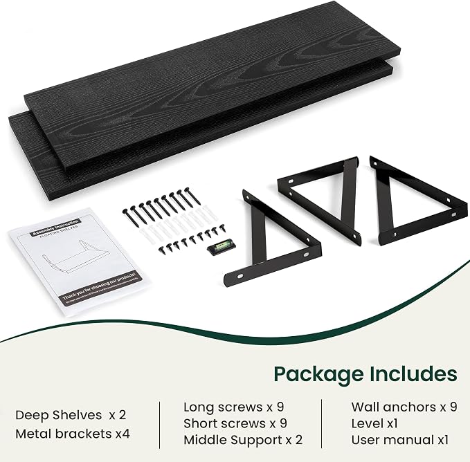Floating Shelves 12 Inch Deep, 48W x 12D Wall Shelf Set of 2, 70 lbs Heavy Duty Reversible Metal Brackets, Deep Industrial Book Shelf for Living Room Kitchen Bath Bedroom Coffee Bar, Black