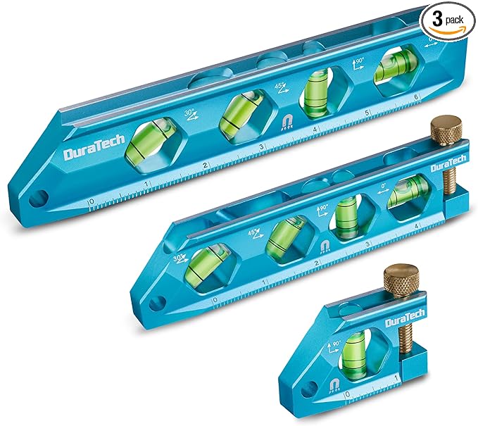 DURATECH 3-Piece Level Tool Set, Magnetic Torpedo Level Included 2.5", 6.25", 8" Leveler with 0°/30°/45°/90° Bubbles, V-Groove, Large Viewing Window, Aluminium Alloy Construction, SAE and Metric Scale