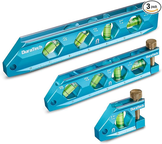DURATECH 3-Piece Level Tool Set, Magnetic Torpedo Level Included 2.5", 6.25", 8" Leveler with 0°/30°/45°/90° Bubbles, V-Groove, Large Viewing Window, Aluminium Alloy Construction, SAE and Metric Scale