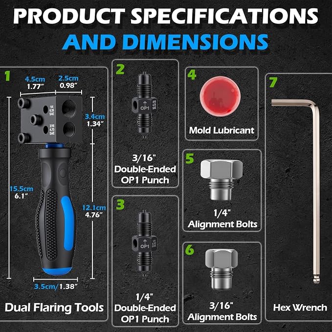 Brake Line Flaring Tool Kit 7-Piece, 3/16" 1/4" SAE Double & Bubble Flare Tool, 45° Flaring Tool for Brake & Fuel Lines, 3/16 Brake Flare Tool for Automotive Hydraulic Repair (7)