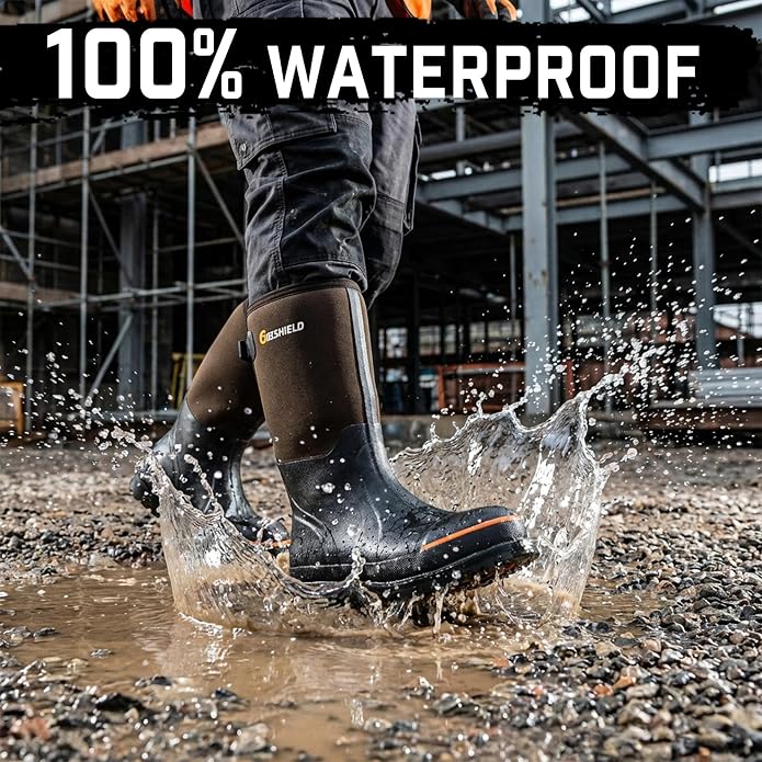 Men's Rubber Work Boots with Steel Toe & Shank, Waterproof & Anti-Slip, 6mm Neoprene, Durable Brown Rubber Boot for Construction, Farming, Manufacturing, Sizes 7-14
