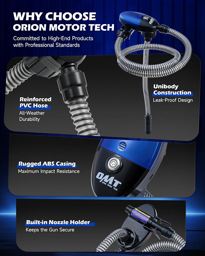 Orion Motor Tech Electric Fuel Transfer Pump with Auto-Shutoff, 3.2GPM Gas Can Pump, 51" Hose, USB-C & AA Battery (NO BATTERIES INCLUDED) Powered, 4 Adapters for Gasoline, Diesel, Kerosene, Blue