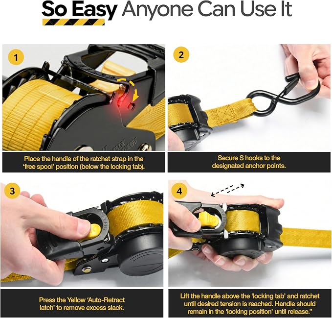 AUGO Retractable Ratchet Straps | 2 Heavy Duty Ratchet Straps Self Retractable Tie Downs with Soft Loops & Storage Bag for Motorcycle, Truck, Trailer, Cargo Van | 3000 Lb Break Strength 2” x 10’