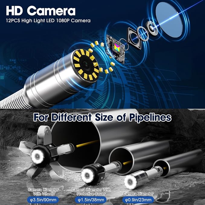 Sewer Camera 200FT,8500mAH 32GB HD JQKJCAM Duct Drain Pipe Inspection Camera with 12 Light,4.3" HD Video Screen,23MM/0.9'' Waterproof Plumbing Snake Cameras for Plumber Inspector (60m)