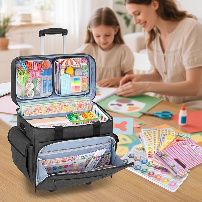 Teamoy Rolling Scrapbook Tote with Detachable Wheels, Rolling Craft Bag with Bottom Wooden Pad, Scrapbook Storage Bag for Women, Black