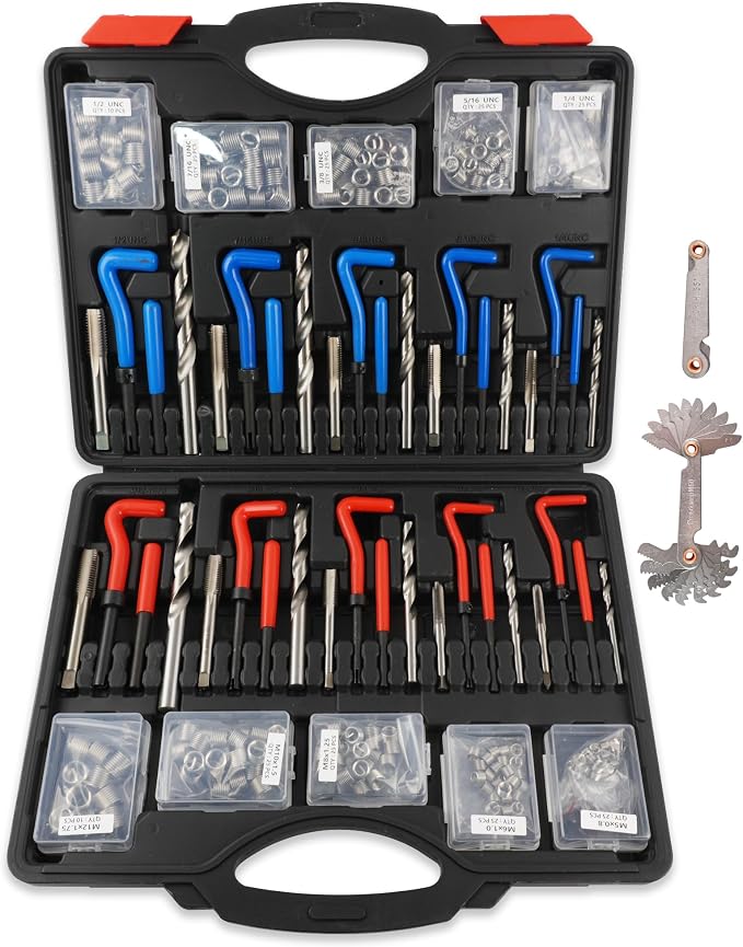 263PCS Helicoil Thread Repair Kit, Metric&SAE Thread Restorer Kit | HSS Helicoil Drill Rethreading Tools in 1/4" 5/16" 3/8" 7/16" 1/2" & M5 M6 M8 M10 M12 Sizes and Thread Gauge