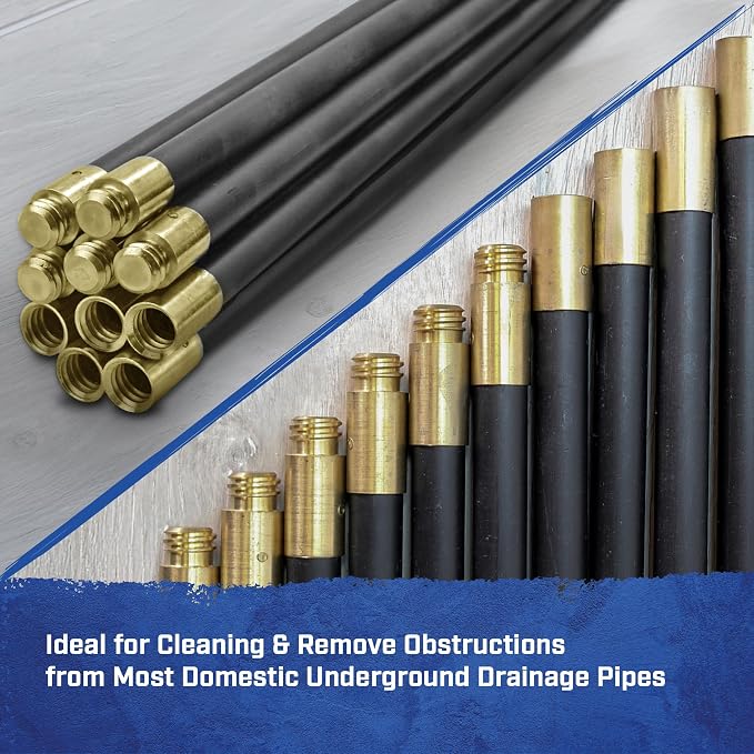 Faithfull FAIDRSET12 Drain Rod Set 9M (30ft) 10 x Rods, Plunger, Worm. Brass Rod Commectors