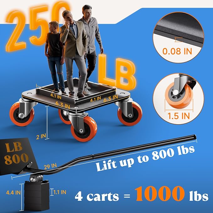 Furniture Movers with Wheels, Upgraded Guardrails for No Slips, Heavy Duty Furniture Dolly, Furniture Sliders with Wheels, Furniture Lifter Tool Included (Orange, 6.3" × 6.3" Pro)