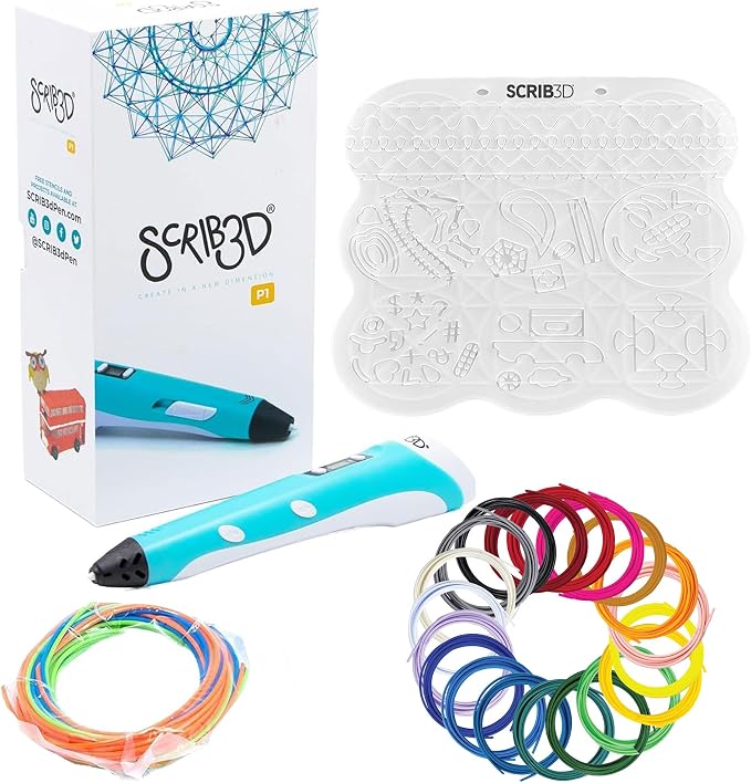 SCRIB3D P1 3D Printing Pen Bundle with Silicone 3D Mat & 20-Color PLA Filament Refills, 320 Feet, 1.75mm – Includes Display Pen, Stencil Book, Project Guide & Power Adapter