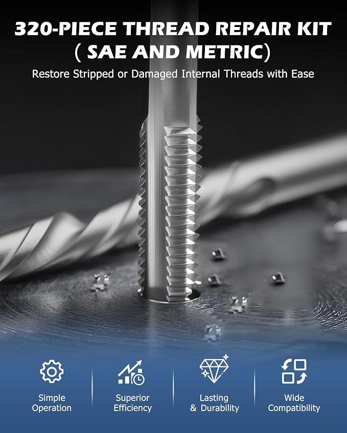 DAYUAN Helicoil Thread Repair Kit SAE Metric, HSS Drill Heli Coil Repair | 320Pcs, SAE & Metric Sizes，135° Split-Point HSS Drill Bits，Stainless Steel Inserts，Repairs Stripped Threads
