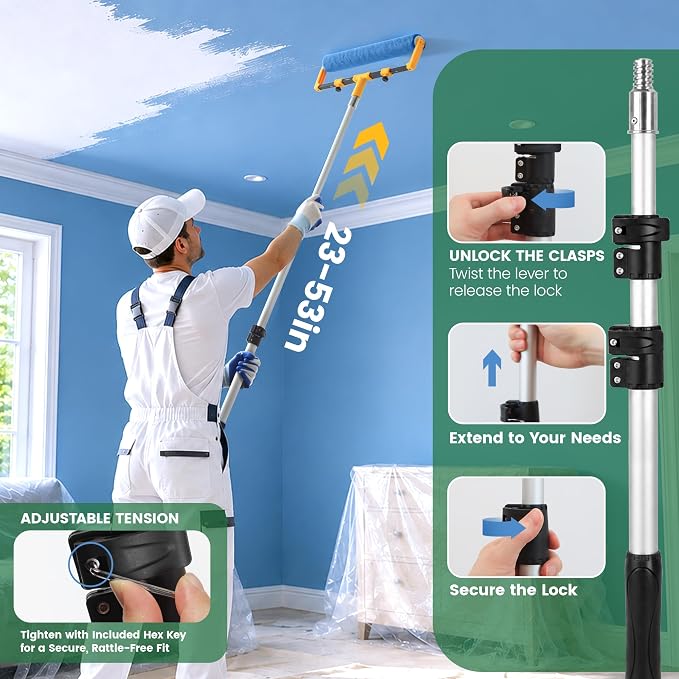 VOOMEY 18 Inch Paint Roller Kit, Contractor-Grade Large Paint Roller with 23-53 Inch Adjustable Extension Pole, Nylon & Polyester Roller Covers for Walls, Ceilings, Drywall and Textured Surfaces