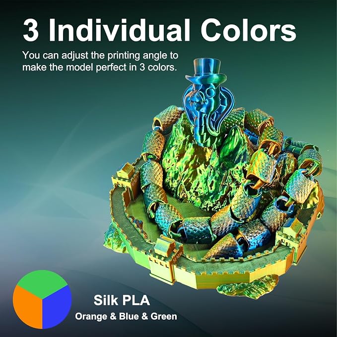 ERYONE Silk Tri Color PLA Filament 3D Printer 1.75mm +/- 0.03mm, Multicolor Filament Tricolor PLA 1KG(2.2lbs) Cardboard Spool, Orange Blue Green