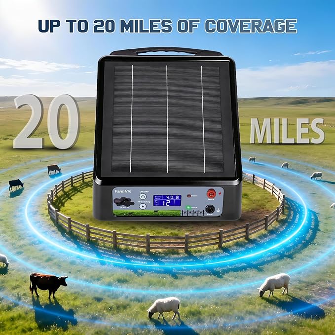 6-12KV Adjustable Output Solar Charger,20 Miles Solar Powered Electric Fence 2 Joules Pulse Energy,24H Protection Solar Powered Electric Fence Kit Suitable for Pets,Poultry,Ranches and Gardens