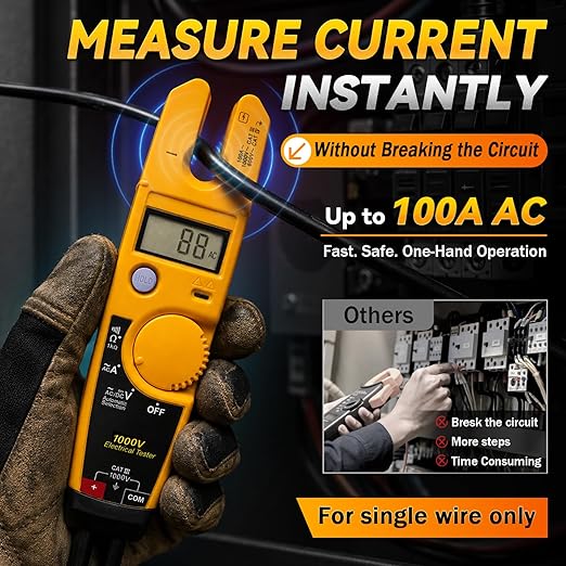 T5-1000 Electrical Tester Replacement for Fluke T5-1000 Meter, 1000V AC Voltage, Current & Continuity Tester with Open Slot Current Measurement, Thin Probes, Auto Range Meter for Electricians