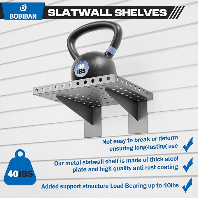 2 Pack Slatwall Shelves, Heavy Duty Grey Metal Slat Wall Shelf for Retail, Garage, Home Storage, 20 lbs Load Capacity, Universal Slatwall Accessories(10 x 12 Inch-2, Grey)