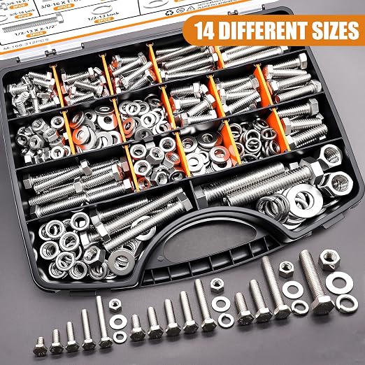 mankk 312PCS Hex Bolts and Nuts Assortment Kit,4 Sizes (1/4-20,5/16-18,3/8-16,1/2-13") 304 Stainless Steel Hex Bolts and Nuts Washers Kit Hardware Screws Set Flat & Spring Lock Washers