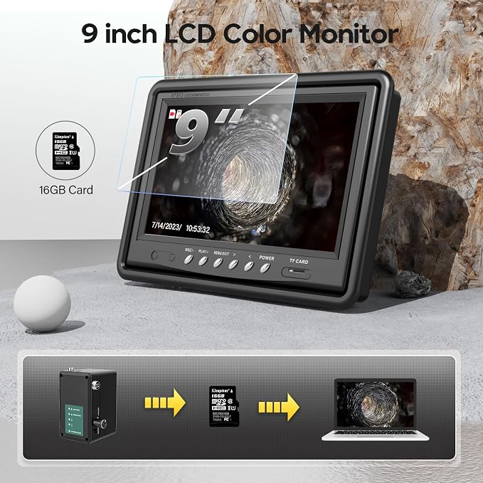 9'' Monitor Sewer Camera,HD 1000TVL,0.072ft/22mm Endoscope with 12pcs LED Lights, IP68 Waterproof Pipe Drain Inspection Camera with DVR 16GB TF Card (20M/65.6FT)