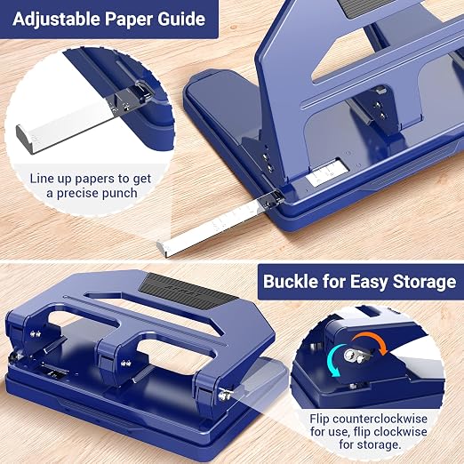 AFMAT 3 Hole Punch Heavy Duty, 40-Sheet Three Hole Puncher for Binder, 50% Reduced Effort Paper Punch, 10K+ Uses, Office Metal Hole Puncher 3 Ring w/Large Tray, Bulit-in S.S. Paper Guide, HPX2(Blue)