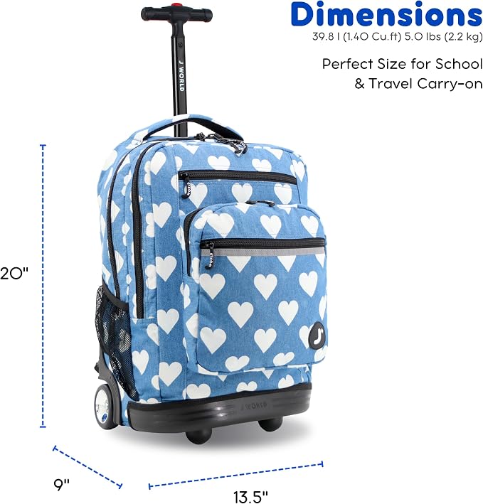 J World Sundance Laptop Rolling Backpack for Girls Boys. Roller Bookbag with Wheels, 20 Inch, Demim Heart