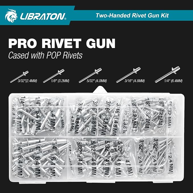 LIBRATON Pop Rivet Gun Kit, Two-Handed Rivet Gun, Heavy Duty Rivet Gun Kit, Pop Rivet Tool with 250 Aluminum Rivets in Box, 5 Tool-Free Interchangeable Nozzles, 5 HSS Drill Bits, for Automotive, Metal