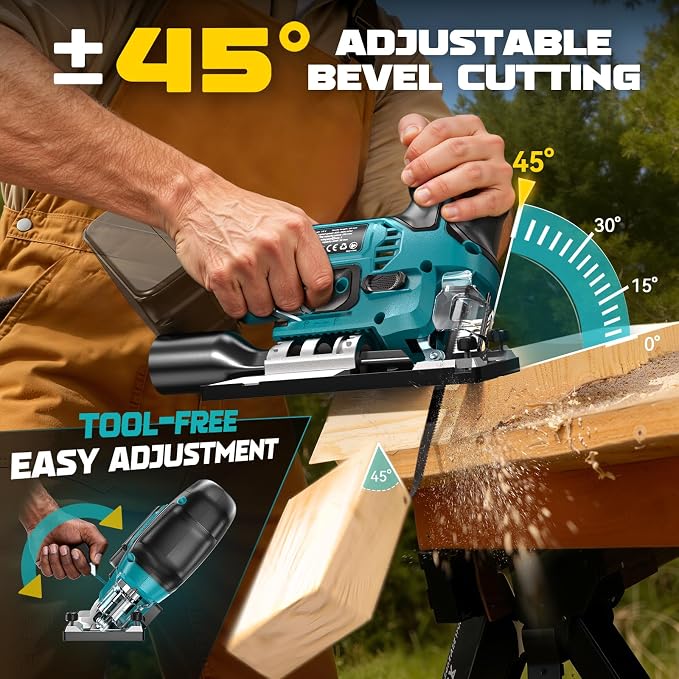Ecarke Cordless Jig Saw Compatible With Makita 18V Battery, Brushless Motor 3800RPM, 7 Speeds Dial Control, Free-Tool ±45° Bevel Cuts, 4 Orbital Action, Dust Blows and 6 Blades For Cutting, Tool Only